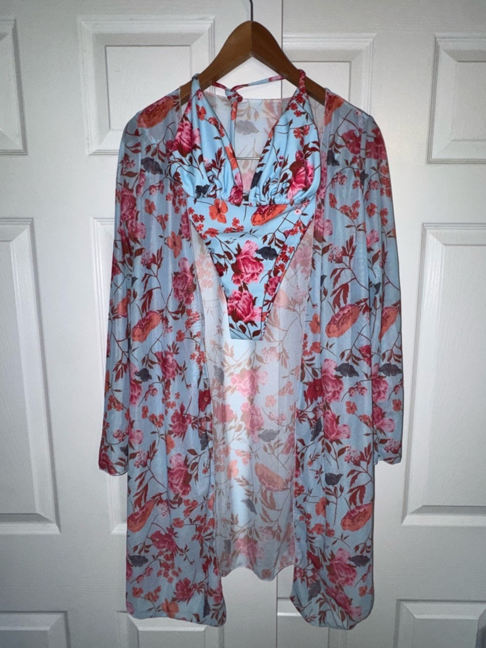 Floral Bikini Set with Sheer Cover Up Blue Pink 3 Piece Swimsuit Size L Boho